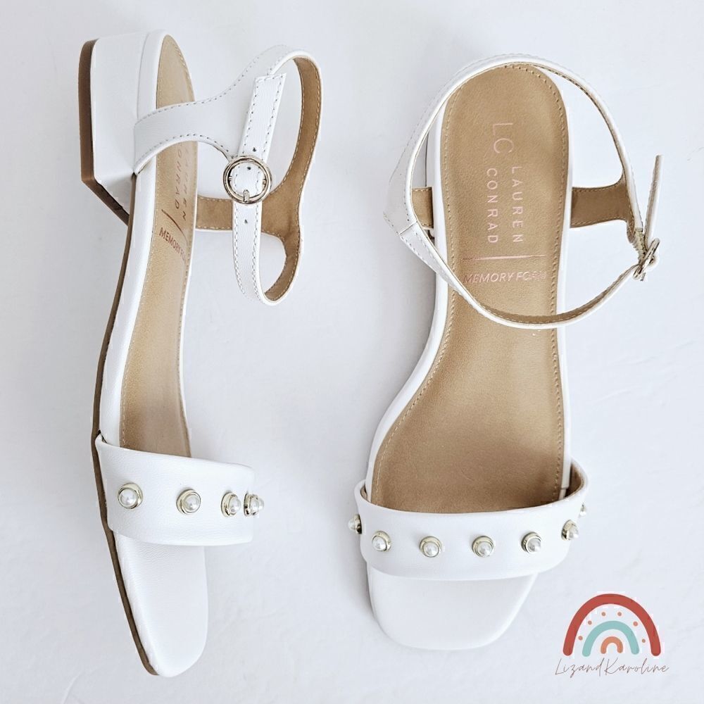 New! Faux Leather White Pearl Block Heel Square Toe Bridal Sandals